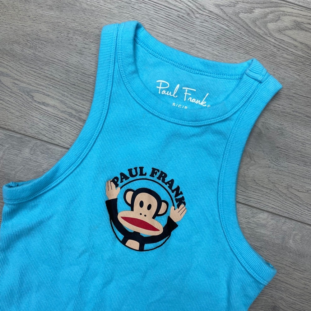 Paul Frank Tank Top Womens Small Blue Julius Monkey Ribbed Graphic Crop